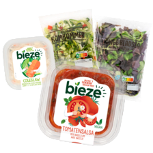Bieze rauwkost schaal à 170/250 gram,
jonge bladsla met rucola of veldsla
zak à 100 gram of komkommer
of radijs rauwkost zak à 1